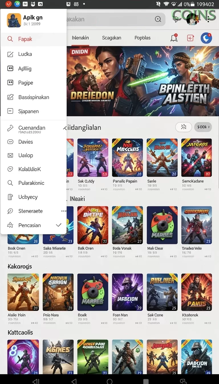 Cuplikan layar FB168 — menu navigasi